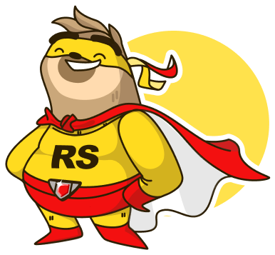 Sloth mascot dressed in a red superhero cape